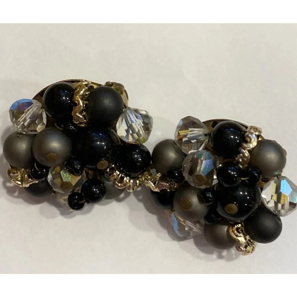 Vintage Japan Black, Gray Faux Pearl w/Clear Aurora Borealis Glass Clip On